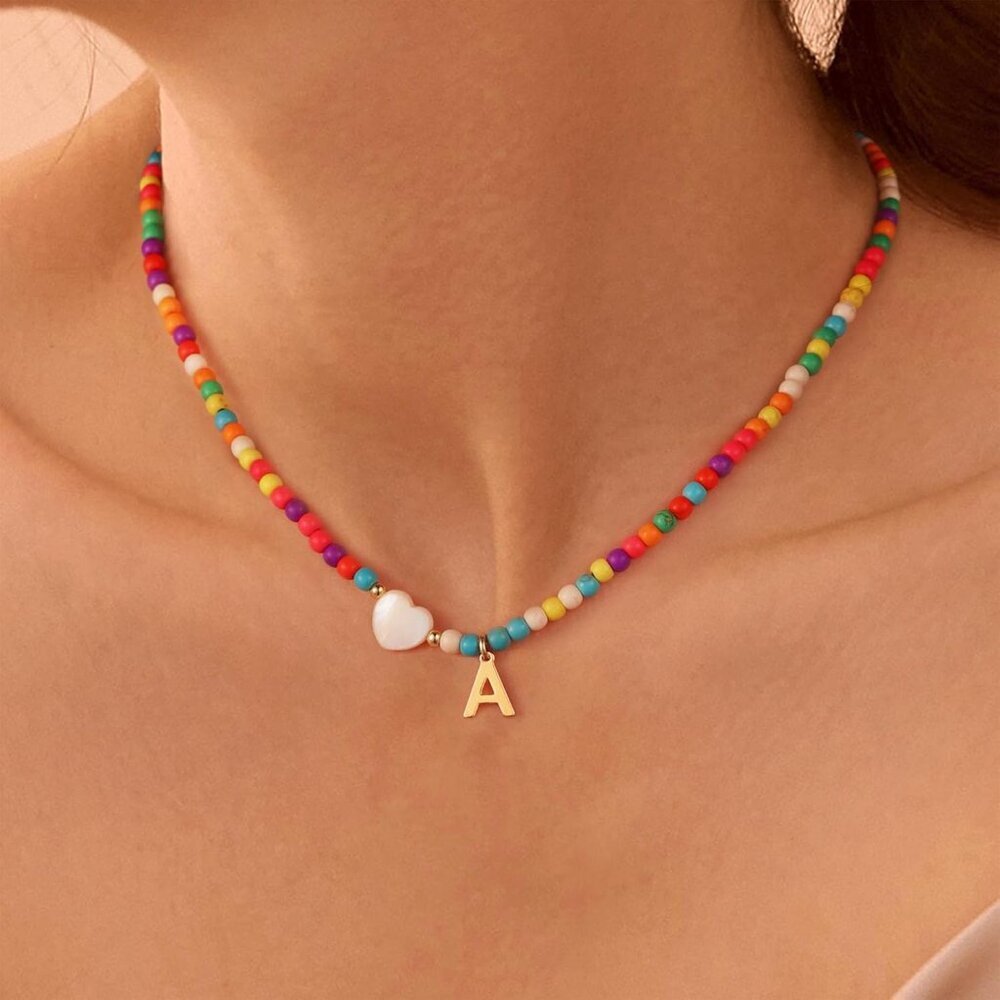 Colorful Initial Cute Necklaces for Girls - Trendy Beaded Choker Necklace for Wo - Picture 2 of 7